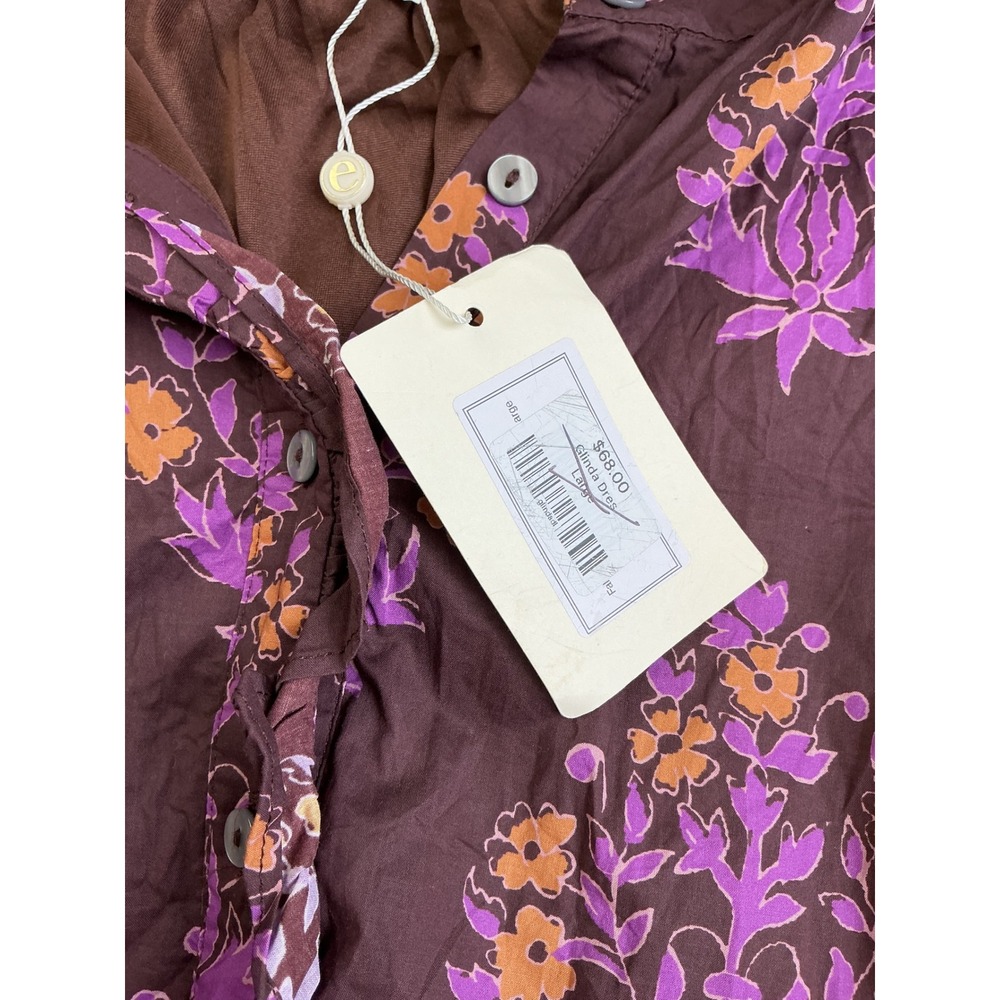 Entro Glinda Dress Brown Purple Floral Block Print Midi Ruffle Henley Large NEW - Picture 6 of 15